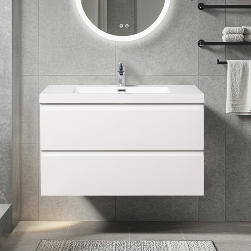Meuble-lavabo flottant mural blanc brillant 36 po avec comptoir simple à surface solide blanc, Blanc