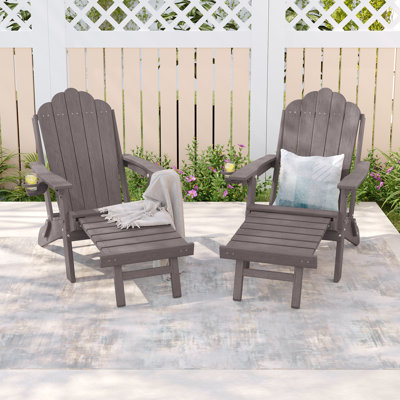 All-Weather HDPE Adirondack Chair with Ottoman, 3-Position Adjustable & Folding Fire Pit Chair with Cup Holder for Lawn, Deck, & Poolside (Set of 2)