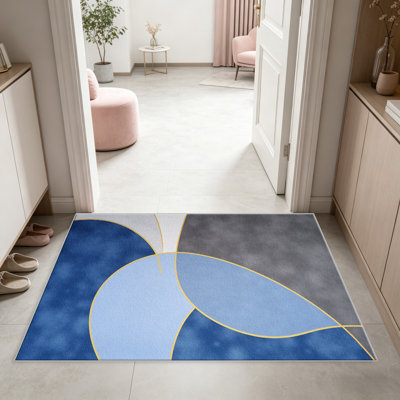 Tapis à motif géométrique Blue Gold Curve pour le salon, doux et confortable, convient à toutes les saisons, facile à entretenir, tapis de sol intérieur lavable à la machine, sous la table de ferme convenant à la chambre à coucher, à la salle à manger, au bureau, au patio, au balcon, à la décoration intérieure