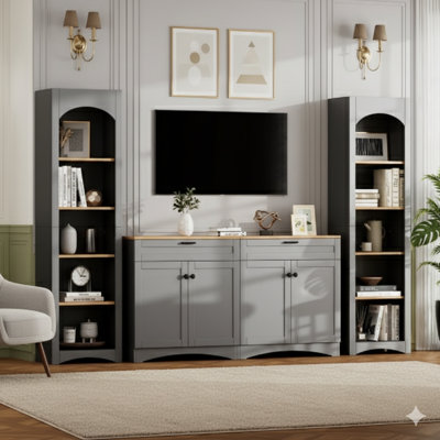 3-Piece Grey Farmhouse Entertainment Center With A Storage Cabinet For Tvs Up To 70 Inches. A Mid-Century TV Stand With A Bookshelf And Rustic Versatile Sideboard With Adjustable Shelves.
