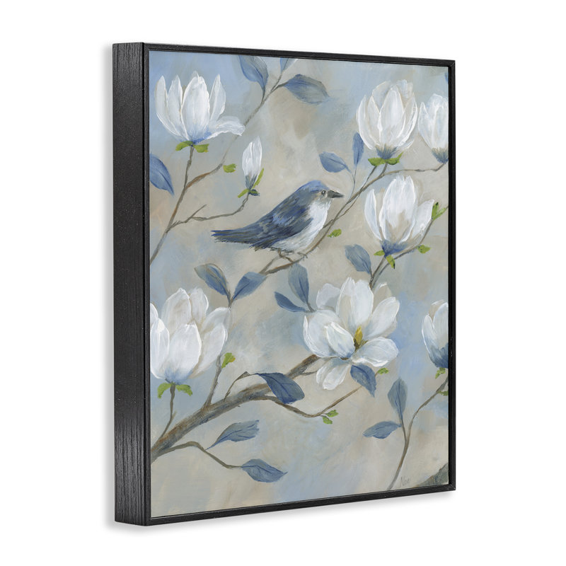 Giclée encadrée Blue Bird & Magnolia, design par Nan, H 14 po x l 11 po, Giclée noire de minuit encadrée