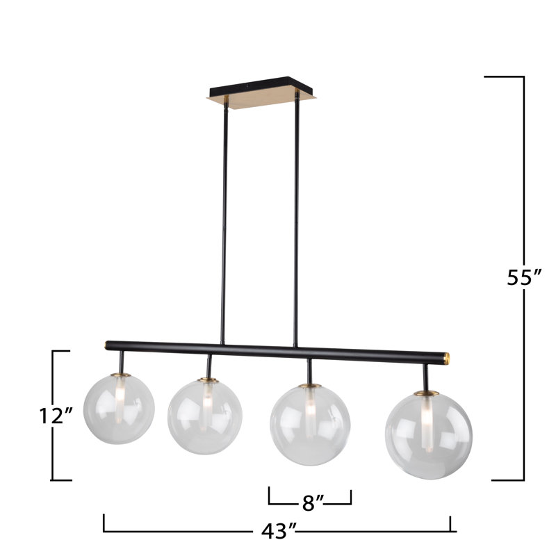 Lustre carré / rectangulaire à 4 lumières à intensité variable pour îlot de cuisine Aurelia, Transparent, Noir mat