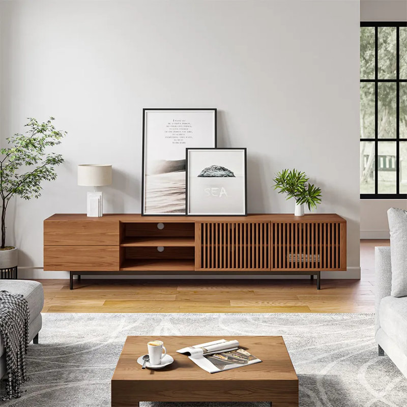 Mid-Century Modern TV Stand, Pre-Assembled, Brown, 21.65"H x 70.87"L x 15.75"W