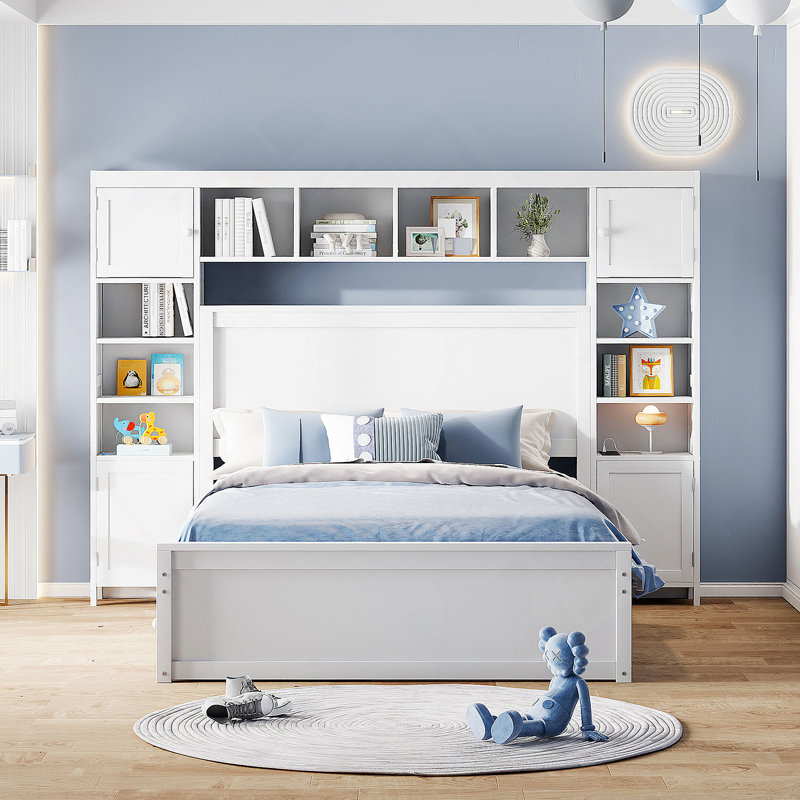 Lit double en bois avec armoire, tablette et prises tout-en-un, Blanc