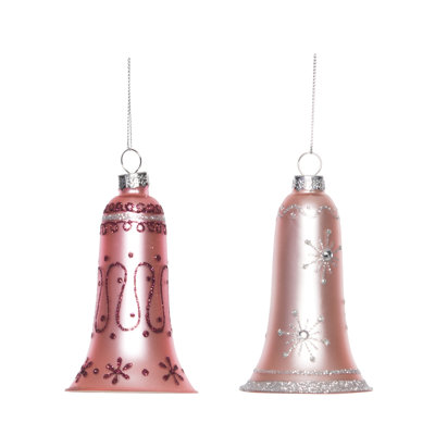 Elegant Glass Pink Bell Ornament Set of 2 - Beautiful Pink Christmas Tree Decorations for Indoor Use, Perfect for Gift Giving and Hostess Gifts, Add a Touch of Charm to Your Holiday Decor!