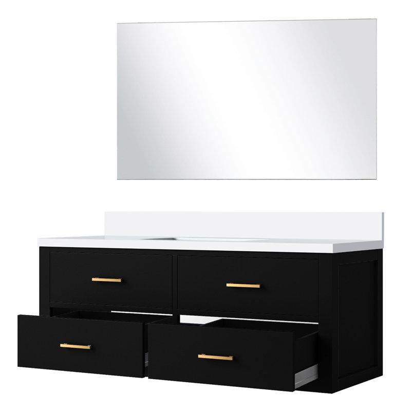 48" W X 22" D Black Bath Vanity, Cultured Marble Countertop, 43" Mirror, Soft Close, Wood, Components Within Bathroom Top, Wood Frame, Fillers