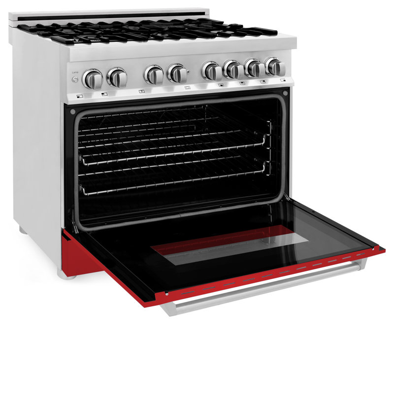 ZLINE 36 in. Legacy Dual Fuel Range w/ 6 Burners & Electric Convection Oven, Red Matte Gloss Stainless Steel