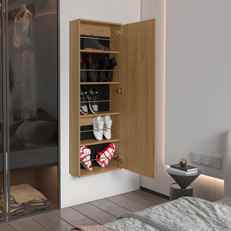 Range-chaussures mural avec miroir, porte simple, capacité pour dix chaussures, solution de rangement peu encombrante, Oak