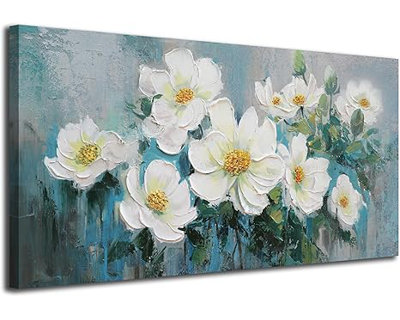 Fleurs, art mural sur toile, Magnolia, sarcelle, floral, 3D, image texturée, turquoise, bleu