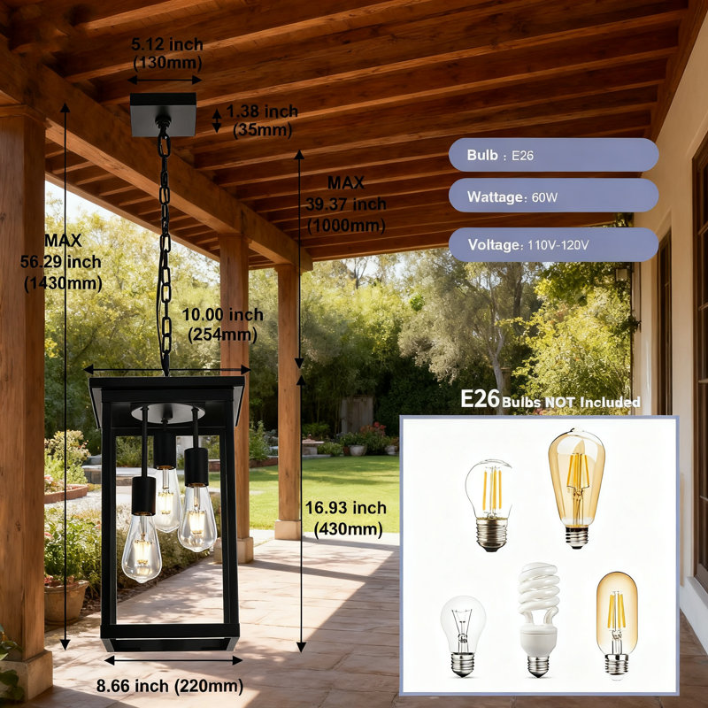 3-Light Outdoor Pendant Light Fixture With Clear Glass Shade, Adjustable Hanging Chain For Porch Patio Entryway, E26 Base Damp Rated