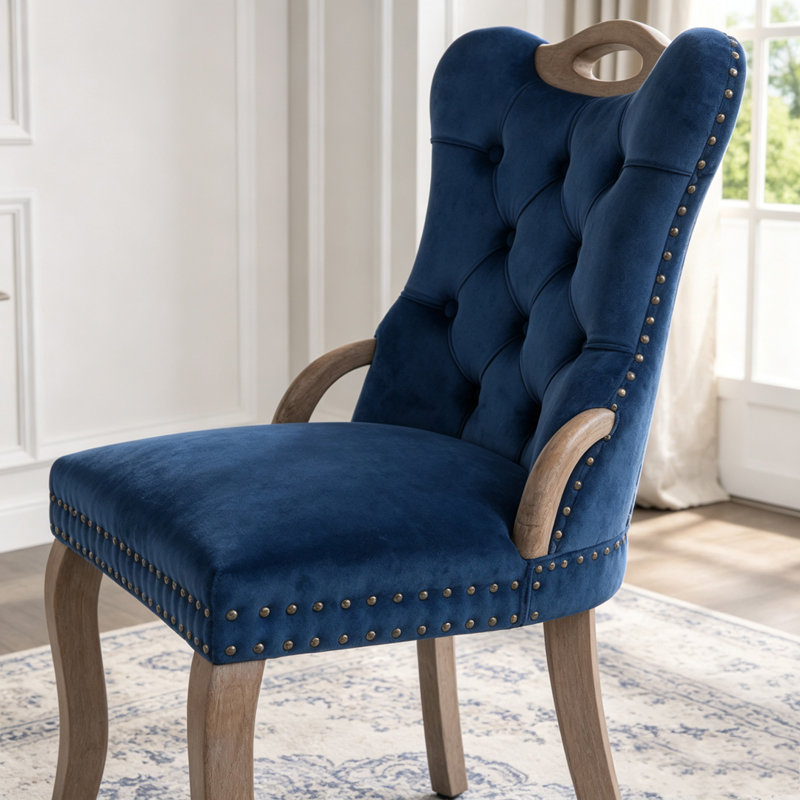 Ensemble de 2 chaises de salle à manger en velours avec capitonnage à boutons, accoudoirs en bois et pieds cabriolet
