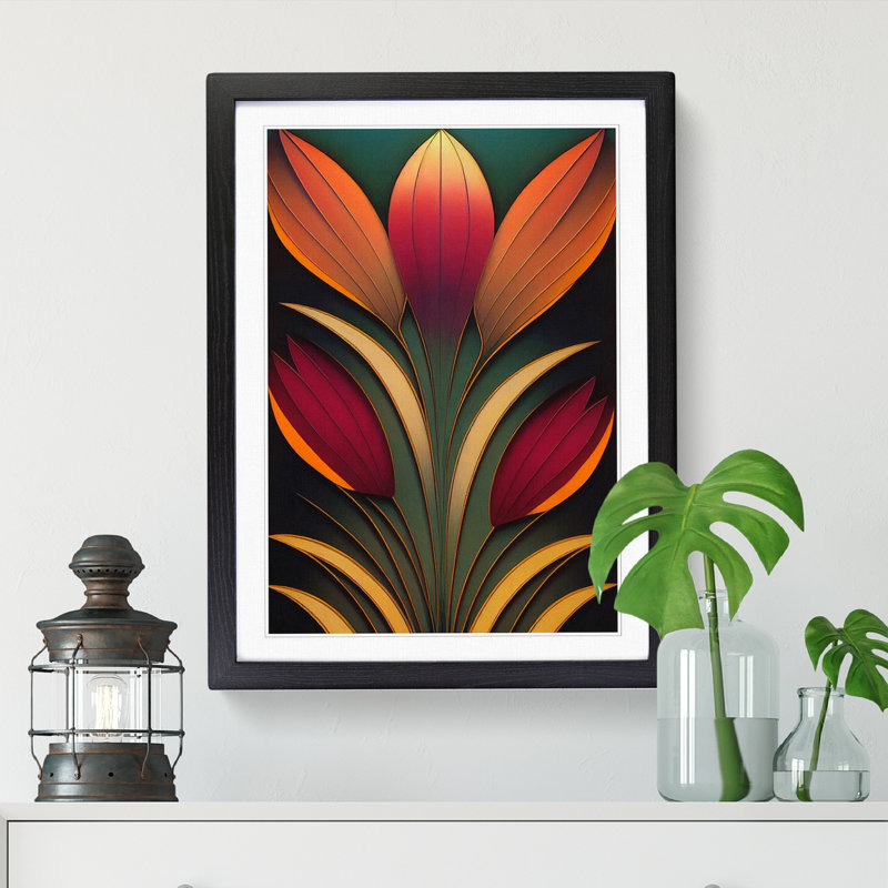 Art Deco Floral Art, Oak Framed, 64cm H x 46cm W x 2cm D