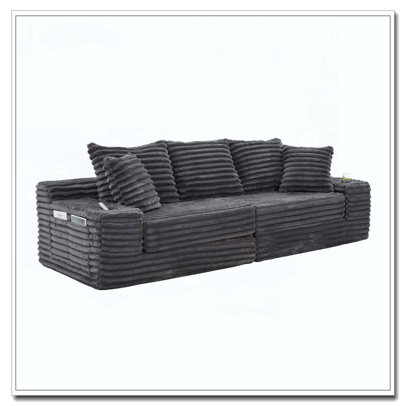Oversized Boneless Four Seats Sofa with Cup Holder and Side Pockets, Gris foncé