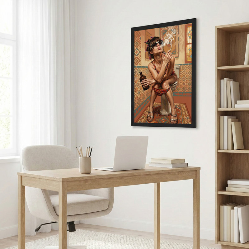 «Woman in Hair Rollers fumant sur une toilette dans une salle de bain carrelée», 24"H x 16"W