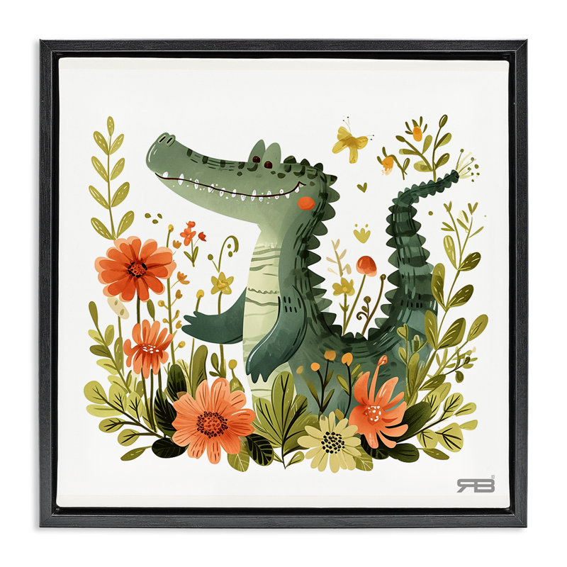 «Floral Happy Alligator», art mural encadré par Roozbeh Bahramali, H 18 po x l 18 po, Cadre flottant noir de jais