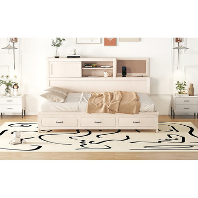 Full Size Wooden Daybed With 3 Storage Drawers, Upper Soft Board, Shelf, And A Set Of Sockets And USB Ports, White