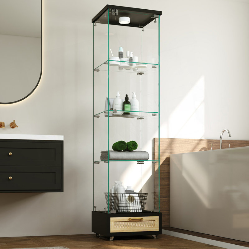 Vitrine moderne en verre avec tiroir en rotin, Noir