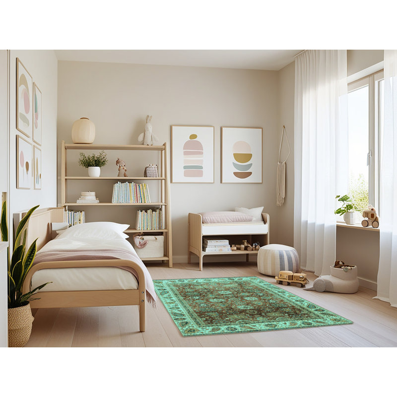 Tapis oriental fabriqué à la machine en bleu / vert / brun, Rectangle 3 pi x 5 pi