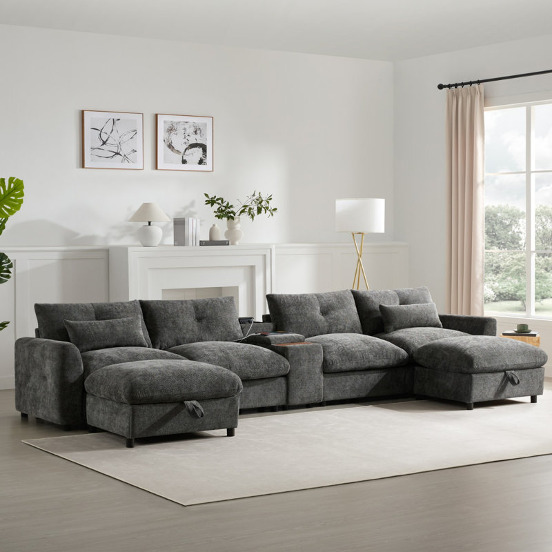 Modular Sectional Sofa with Movable Storage Ottoman and Console, Grey Chenille