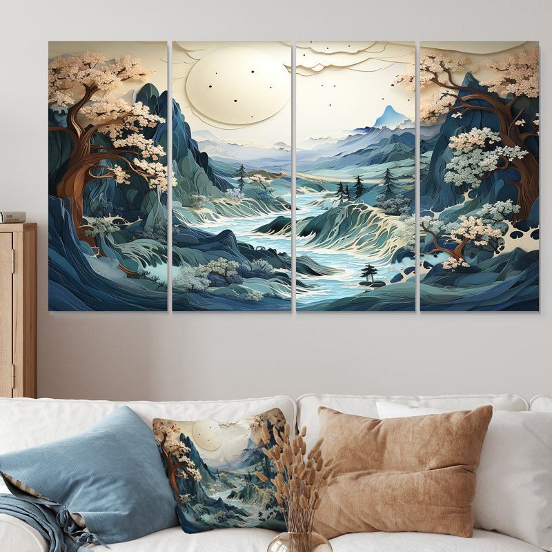 «Vintage Winter River In Japon II - Winter Landscape», ensemble de 4 pièces d'art mural, H 32 po x l 64 po