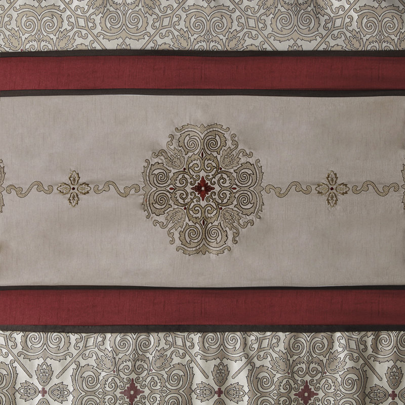 Beige and Red Embroidered Floral Shower Curtain