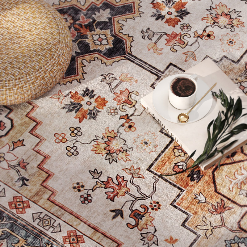 Washable Area Rug,  Vintage Indoor Distressed Carpet, Retro Floor Cover Foldable, Floral Print Mat for Living Room, Bedroom, Dining Room, Tawny Brown