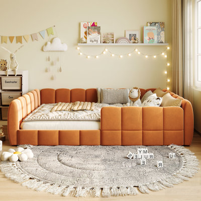 Lit tapissier en velours avec garde-corps de sécurité, entrée ultra-basse et rembourrage luxueux pour enfants et animaux de compagnie