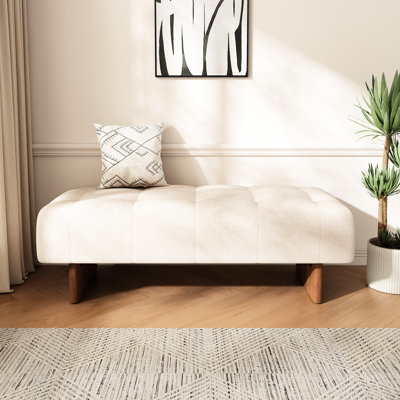 Banc rectangulaire en tissu de lin beige avec sièges confortables, mousse dense et conception polyvalente, repose-pieds non marquants