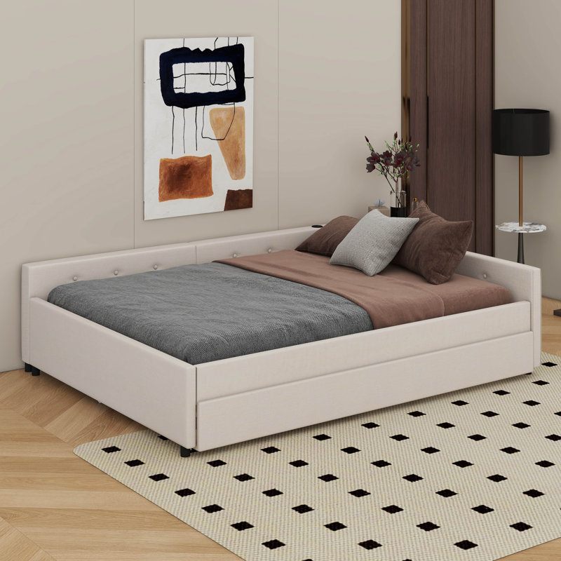 Lit plateforme tapissier avec lit gigogne et port USB, Grand lit