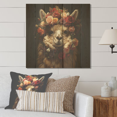 Floral Alpaca Portrait Wool Grandeur II - Boho Tiles On Wood Print