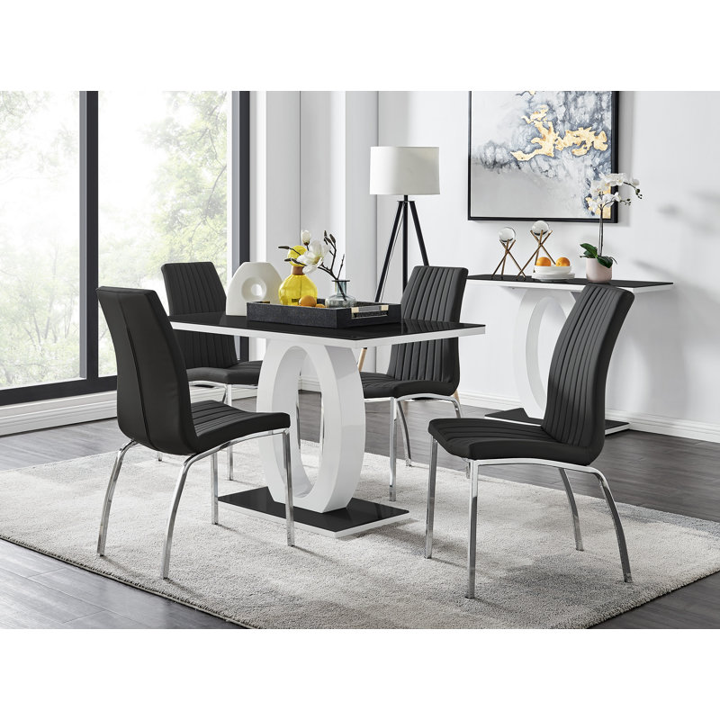 Scottsmoor Modern High Gloss Halo 4 Seater Dining Table Set with Luxury Faux Leather Dining Chairs, Black