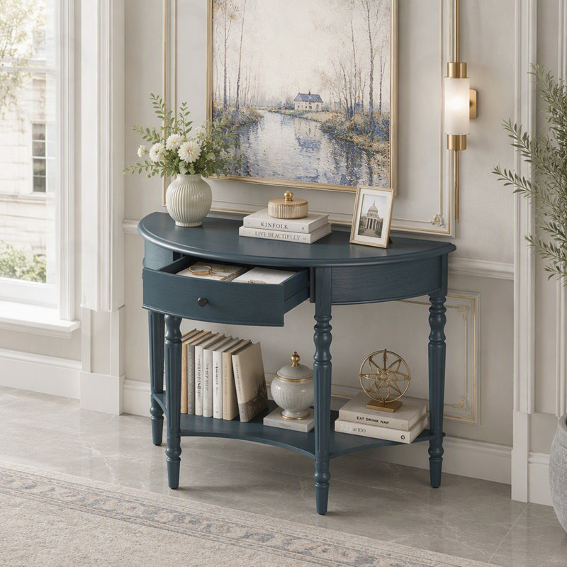 Console demi-lune avec tiroir et tablette, Marine, Marine, Marine