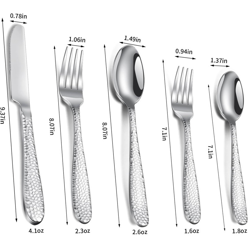 40-Piece Hammered Flatware Set, Stainless Steel Silverware For 8, Mirror Polished & Dishwasher Safe