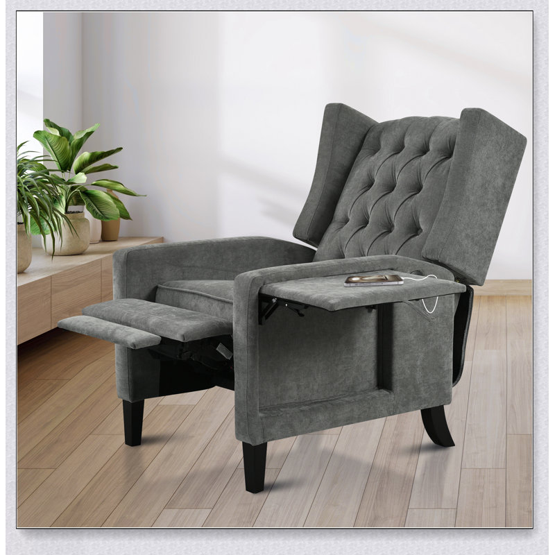 Fauteuil inclinable manuel réglable à oreilles avec table d'appoint pliable, ports de charge USB, inclinable à pression moderne et confortable pour le salon et la chambre à coucher