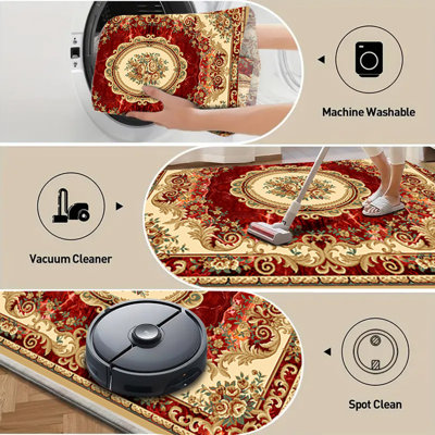Tapis traditionnel en médaillon rouge avec envers antidérapant, tapis en faux cachemire de polyester lavable à la machine