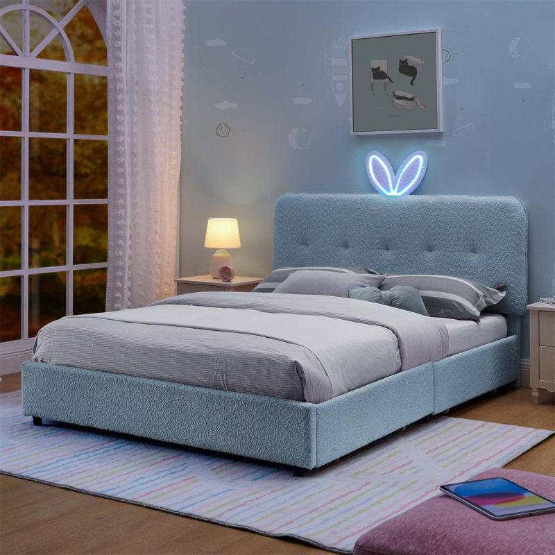 Lit tapissier pour enfants avec tête de lit à oreilles, lumière DEL et 4 tiroirs de rangement, tissu Boucle, Lit double