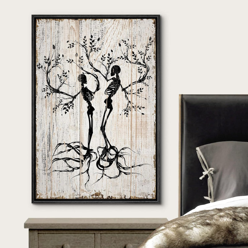 Moody Gothic " Spooky Skeleton Tree Silhouettes On Wood Effect Panels Moddy Gothic Modern Art Rustic ", Black Framed