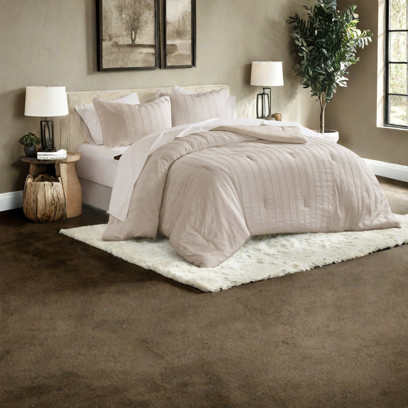 Neutral 7-piece Bedding Set, Striped Polyester Comforter And Microfiber Sheets, Modern Style
