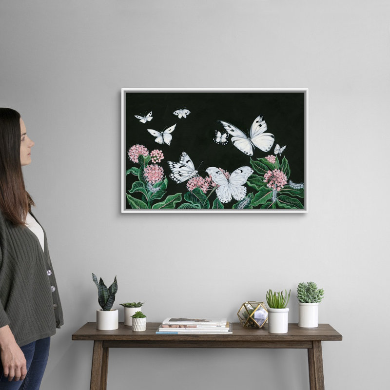 Papillons, reproduction d’art sur toile, Cadre blanc, H 22 po x l 32 po x P 1,75po