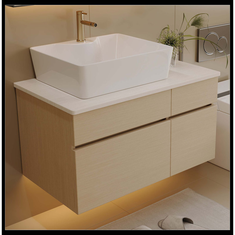 Meuble-lavabo flottant compact 31,5 "avec lavabo simple intégré pour salle de bain moderne, Wood
