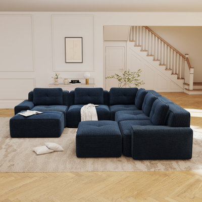 Modular 5-Seat Corduroy Living Room Set with 2 Ottomans, Deep Seats, Tufted Corner Sofa, Navy Blue