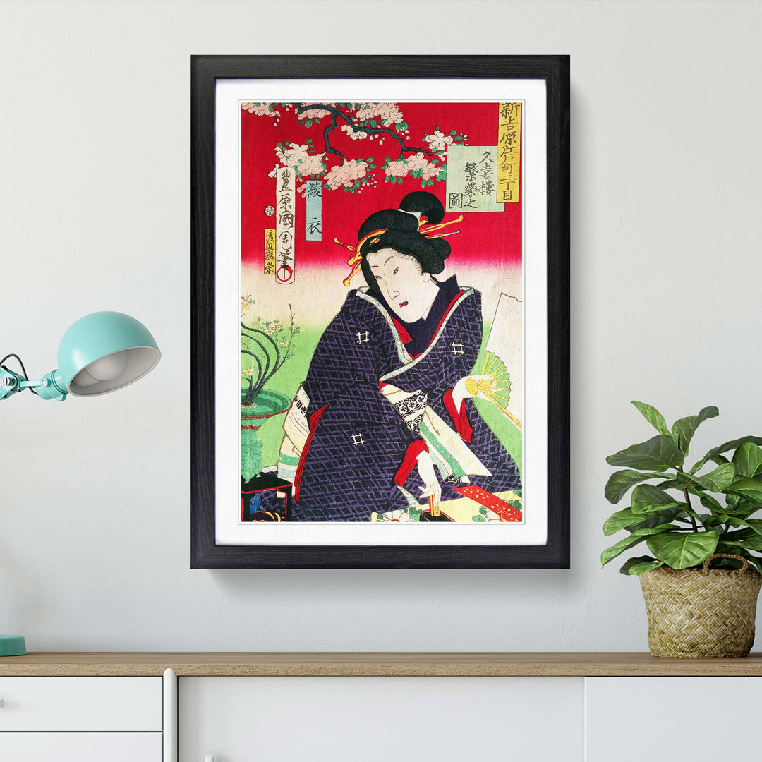 A Lady with a Fan by Toyohara Kunichika - Framed Print