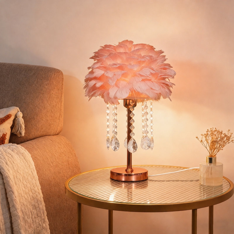 Pink Feather & Crystal Table Lamp - Gold Base (E26 3-color Light Included), Pink