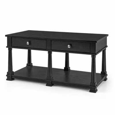 Farmhouse Wooden Coffee Table with 2 Storage Drawers and Lower Open Shelf, Rectangular Cocktail Table with Solid Wood Legs, Durable Wood Construction
