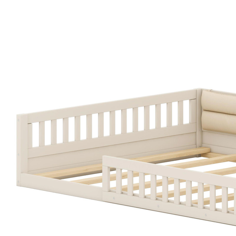 Structure de lit rembourrée en bois avec garde-corps de sécurité, Beige