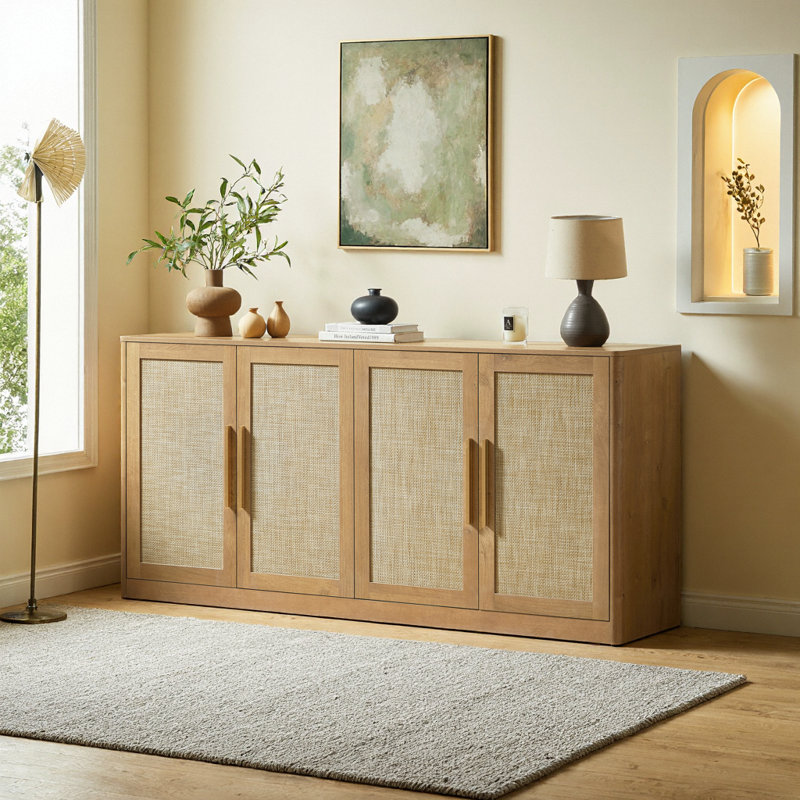 Buffet 67 po 4 portes Boho - Buffet en chêne caramel pour le salon, le couloir et la cuisine
