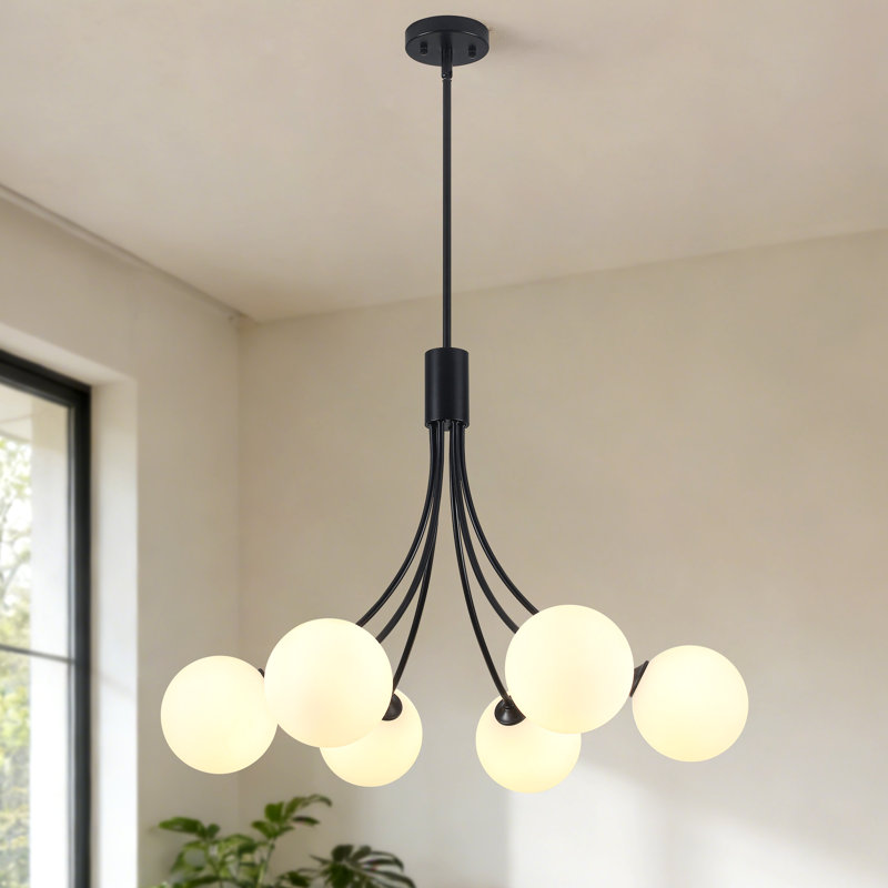 Lustre 6 lumières à intensité variable moderne avec abat-jour en verre opale, Noir mat