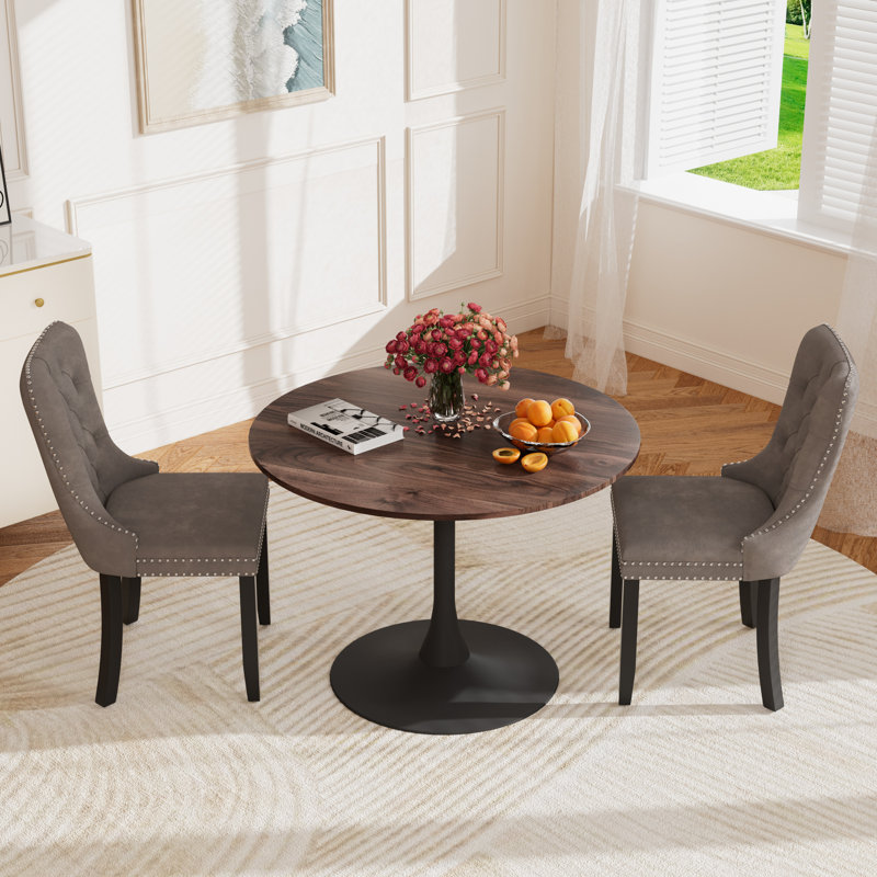 Round Pedestal Dining Set with 2 chairs, Brown/Black, Gray
