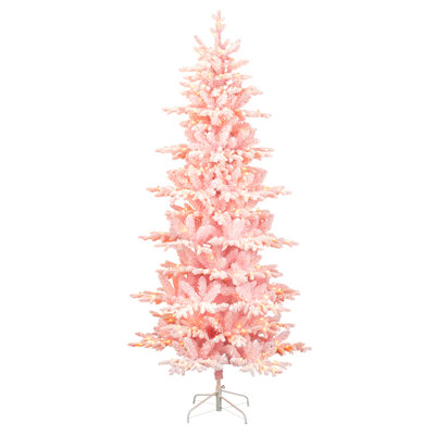 Deluxe Pre-Lit Pink Flocked Slim Fir Artificial Christmas Tree – 260 Warm White & Multi-Colour Lights, 9 Functions with Foot Pedal
