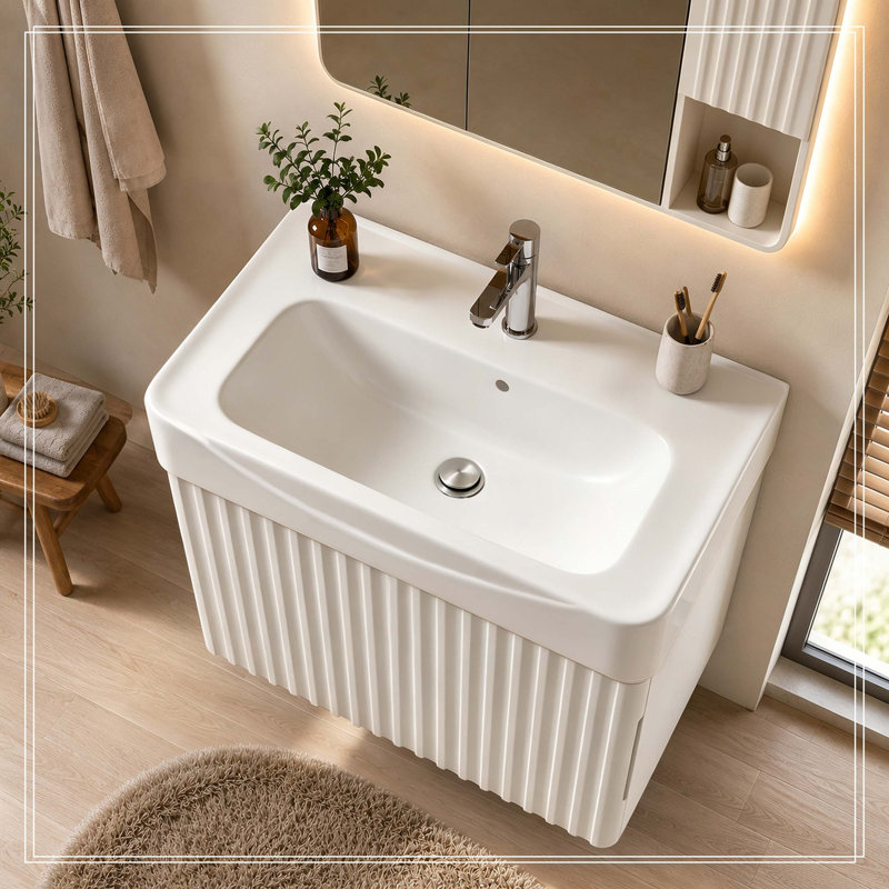 Single Bathroom Vanity with Ceramic Top, Blanc